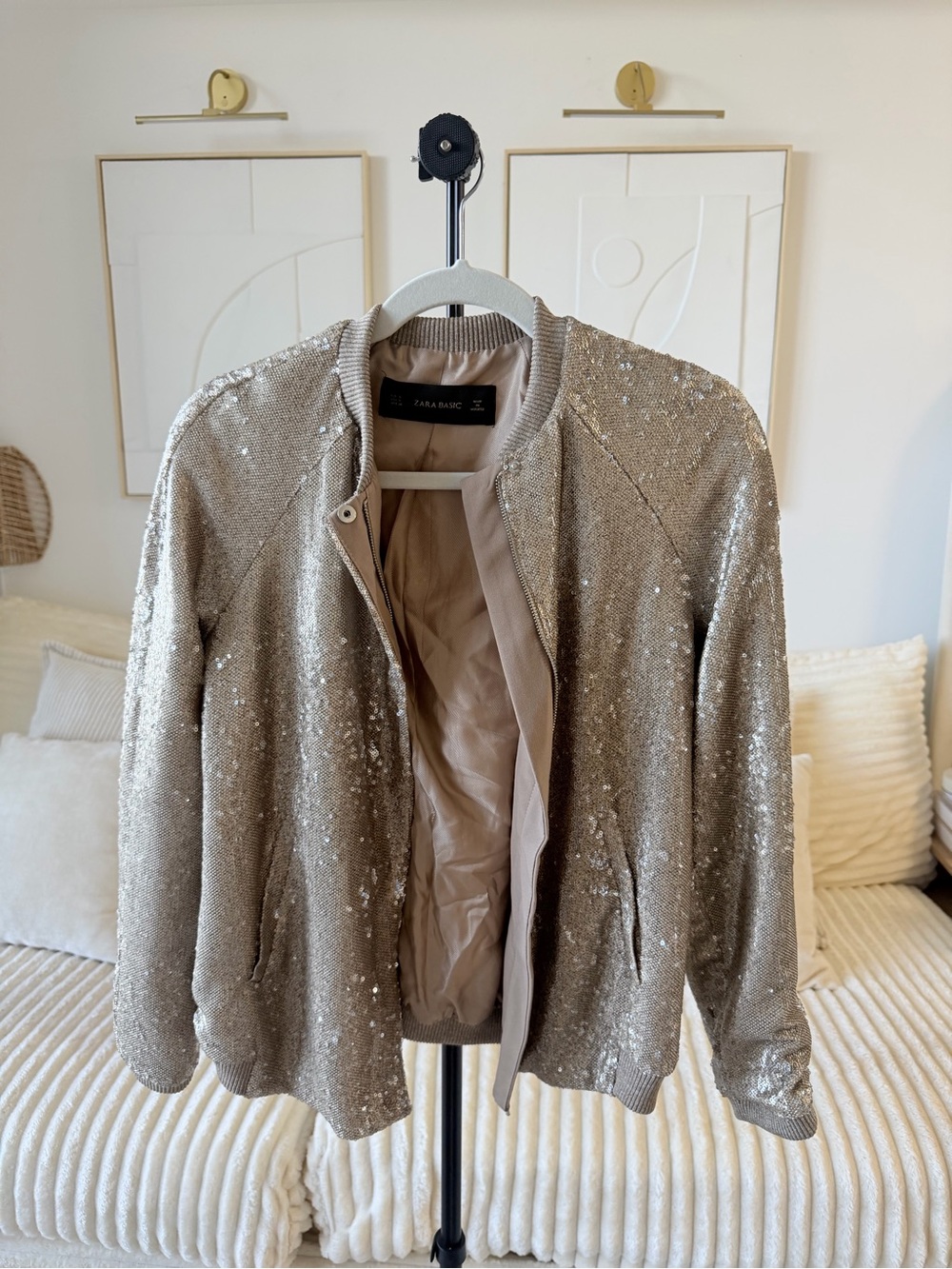 ZARA Basic Champagne Sequin Bomber Jacket – Size Small